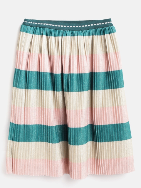 

Mango Kids Girls Green & Golden Striped Pleated A-Line Skirt