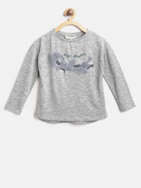 

Mango Kids Girls Grey Melange Applique-Detail Round Neck T-shirt