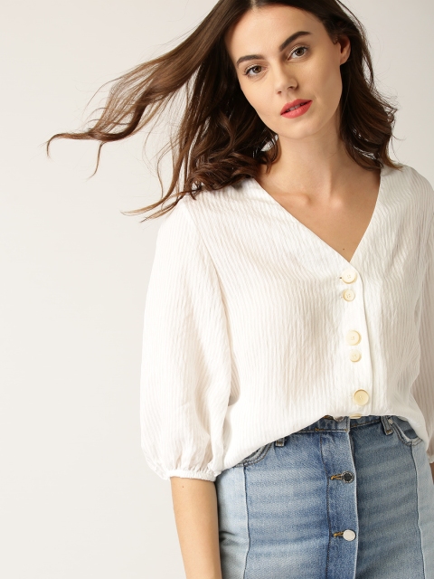 

MANGO Women White Striped Shirt Style Top