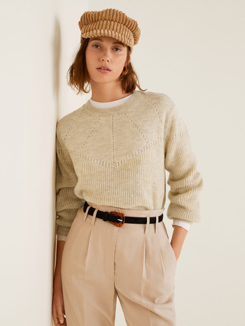 

MANGO Women Cream-Coloured Self-Design Pullover