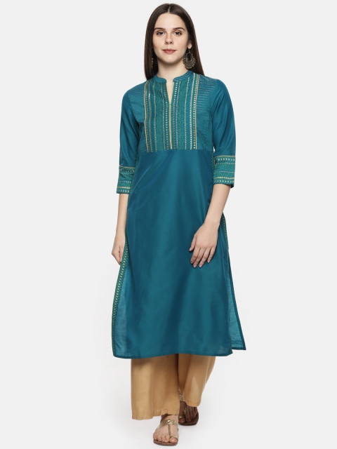 

RANGMANCH BY PANTALOONS Women Teal Blue Embroidered Straight Kurta