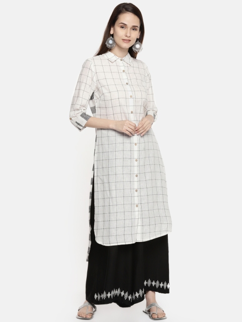 

RANGMANCH BY PANTALOONS Women White & Black Checked Straight Kurta