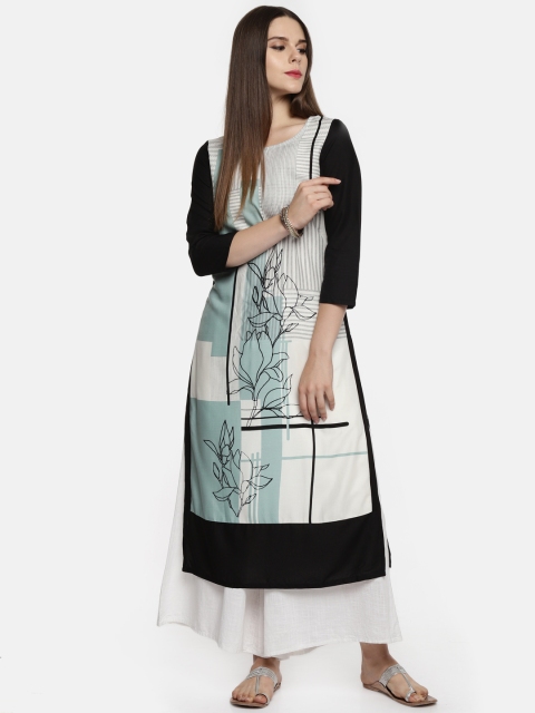 

RANGMANCH BY PANTALOONS Women Off-White & Black Printed A-Line Kurta