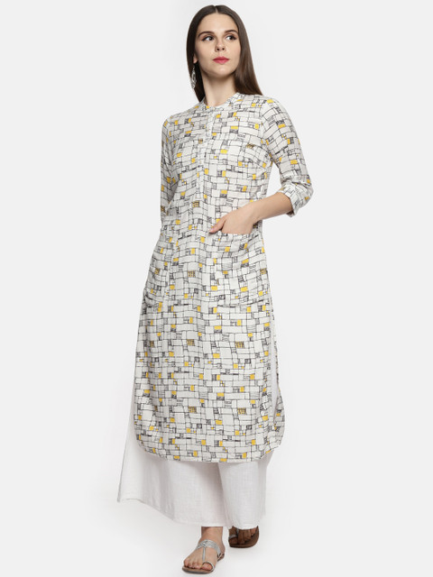 

RANGMANCH BY PANTALOONS Women Off-White & Yellow Printed Straight Kurta