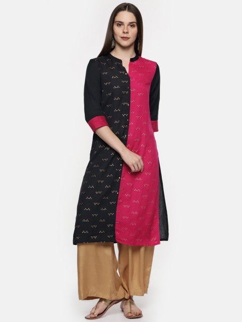 

RANGMANCH BY PANTALOONS Women Black & Pink Colourblocked A-Line Kurta