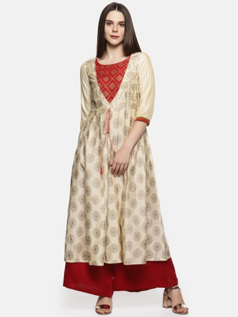 

RANGMANCH BY PANTALOONS Women Off-White & Maroon Printed Anarkali Kurta