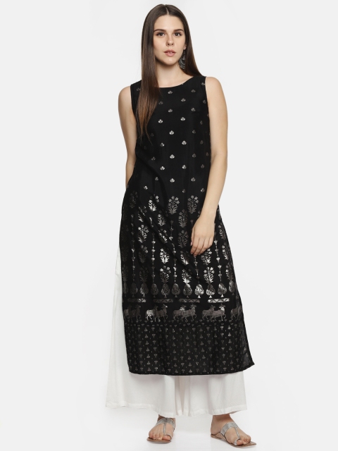 

RANGMANCH BY PANTALOONS Women Black Printed Straight Kurta
