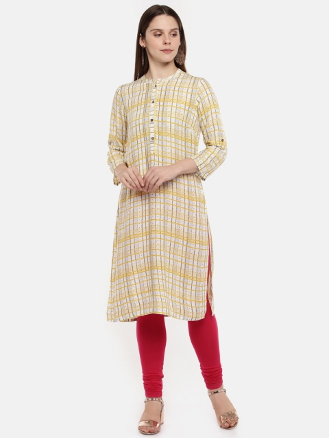 

RANGMANCH BY PANTALOONS Women Yellow & Cream-Coloured Checked Straight Kurta