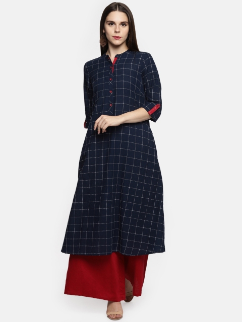

RANGMANCH BY PANTALOONS Women Navy Blue Checked A-Line Kurta