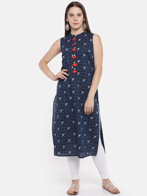 

RANGMANCH BY PANTALOONS Women Navy Blue Checked Straight Kurta