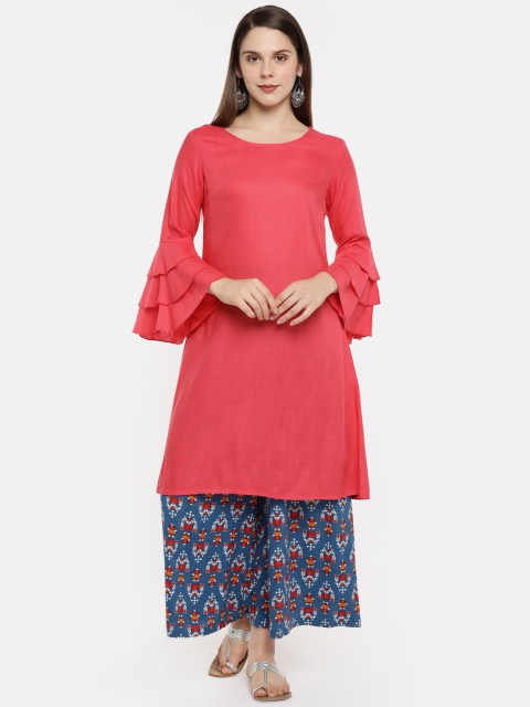

RANGMANCH BY PANTALOONS Women Coral Pink Solid Straight Kurta