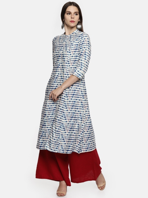 

RANGMANCH BY PANTALOONS Women Off-White & Blue Printed A-Line Kurta