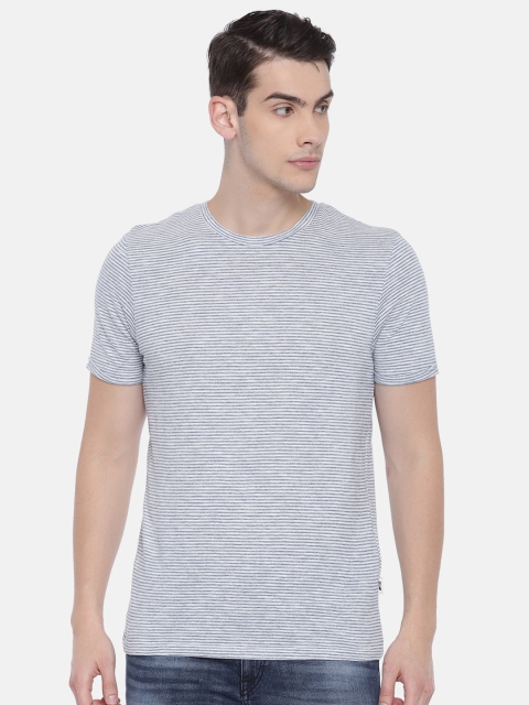 

Jack & Jones Men White & Blue Slim Fit Striped Round Neck T-shirt