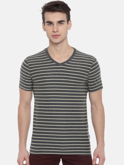 

Jack & Jones Men Grey & Beige Striped V-Neck T-shirt