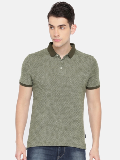 

Jack & Jones Men Olive Green Self-Design Polo T-shirt