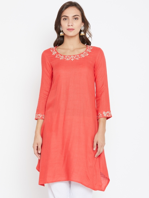 

Biba Women Coral Orange Solid Asymmetric A-Line Kurta