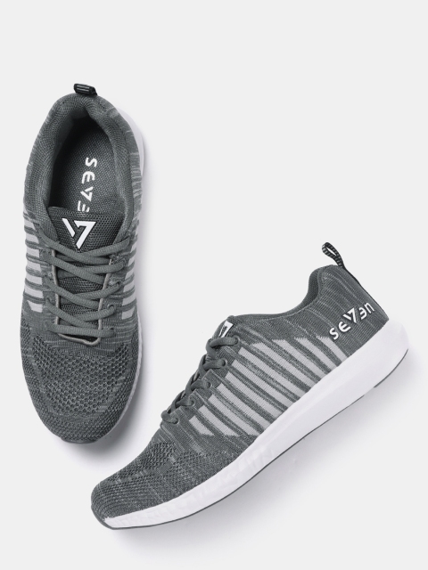 

SEVEN by MS Dhoni Men Charcoal Grey Striped Running Shoes