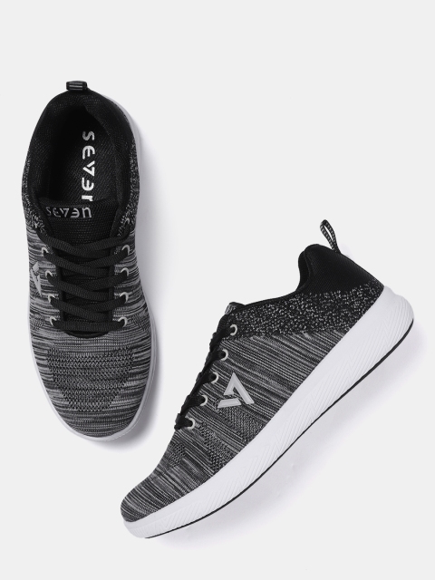 

SEVEN by MS Dhoni Men Black & Grey Self-Striped Walking Shoes