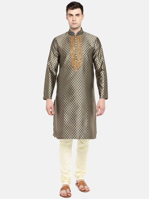 

Ethnicity Men Gunmetal-Toned Printed Kurta with Churidar, Metallic