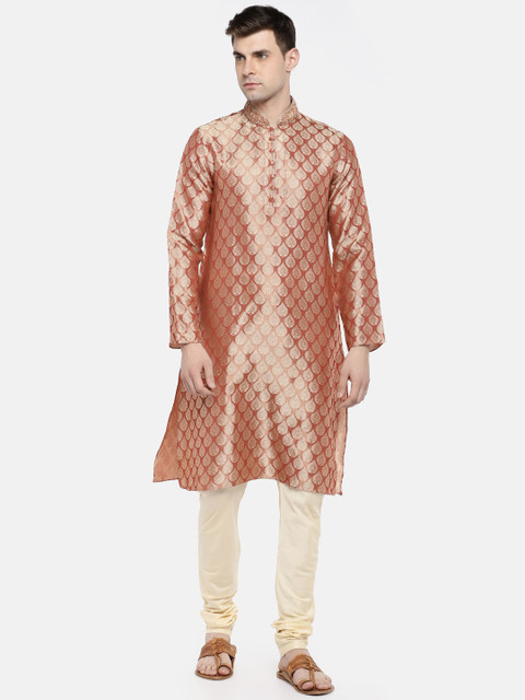 

Ethnicity Men Coral & Cream-Coloured Self Design Kurta with Churidar