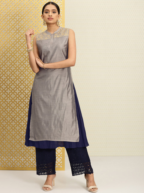 

House of Pataudi Women Grey & Navy Blue Yoke Design A-Line Layered Kurta