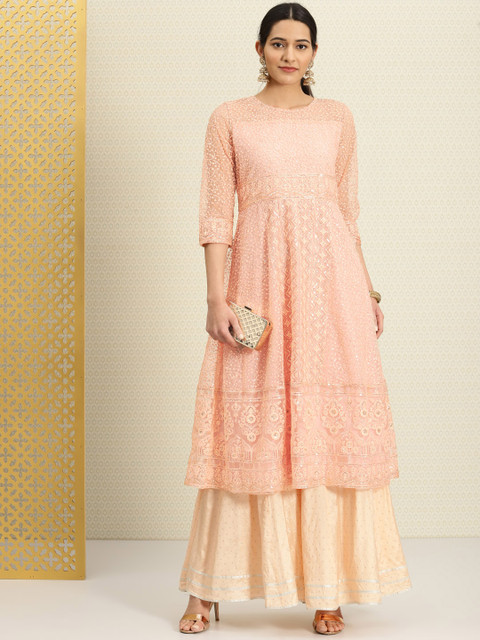 

House of Pataudi Women Peach-coloured Sequinned Anarkali Kurta