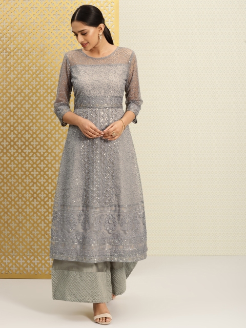 

House of Pataudi Women Grey Woven Design A-Line Kurta