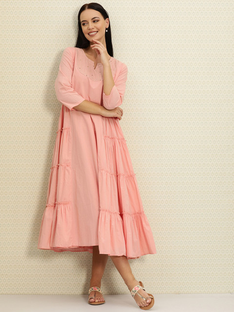 

House of Pataudi Women Pink Embroidered Tiered A-Line Dress