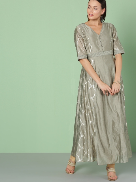 

House of Pataudi Women Grey & Silver Metallic Print A-Line Kurta