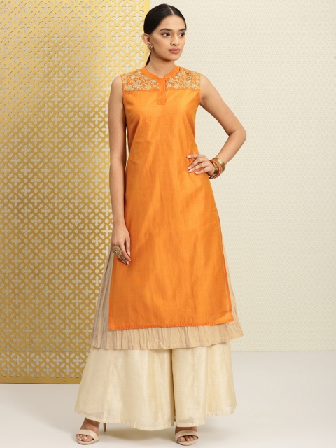 

House of Pataudi Women Orange & Beige Yoke Design A-Line Layered Kurta