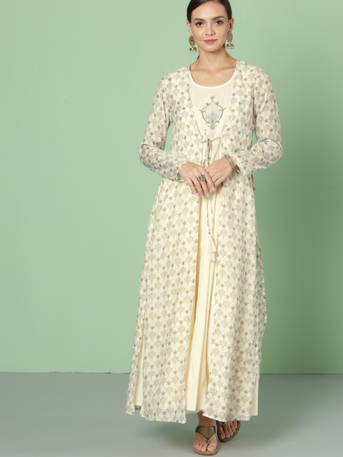 

House of Pataudi Women Cream-Coloured A-Line Layered Embroidered Kurta