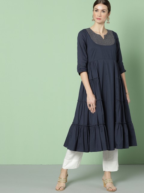 

House of Pataudi Women Navy Blue Yoke Design Tiered A-Line Kurta