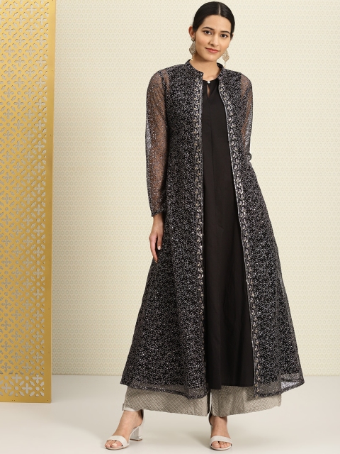 

House of Pataudi Women Black Woven Design A-Line Kurta with Ethnic Jacket