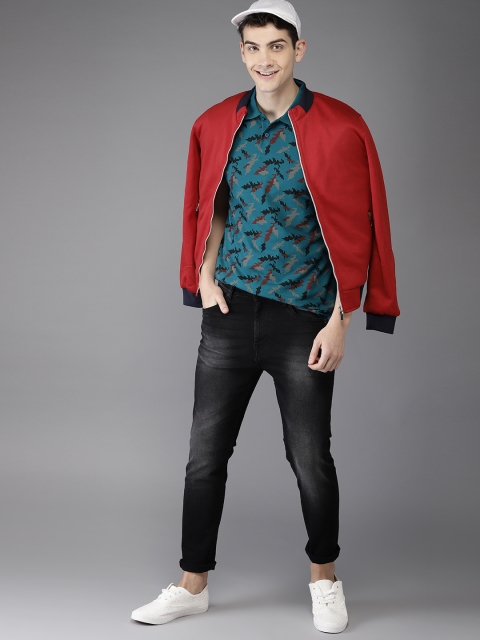 

HERE&NOW Men Teal Blue Printed Polo Collar T-shirt