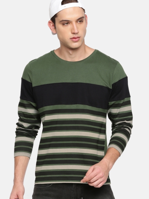 

HERE&NOW Men Green Striped Round Neck T-shirt