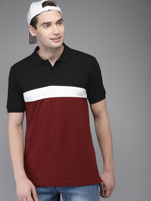 

HERE&NOW Men Maroon & Black Colourblocked Polo Collar T-shirt
