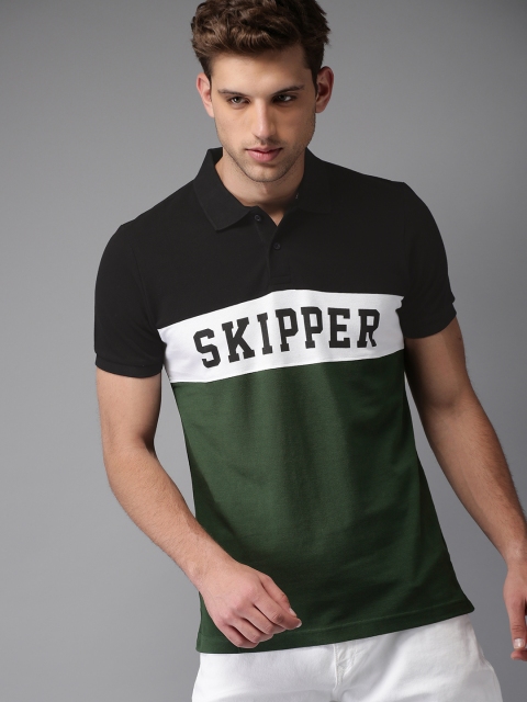 

HERE&NOW Men Olive Green & Black Printed Polo Collar T-shirt