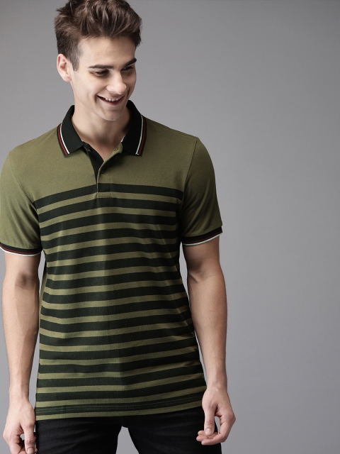 

HERE&NOW Men Olive Green & Black Striped Polo Collar T-shirt