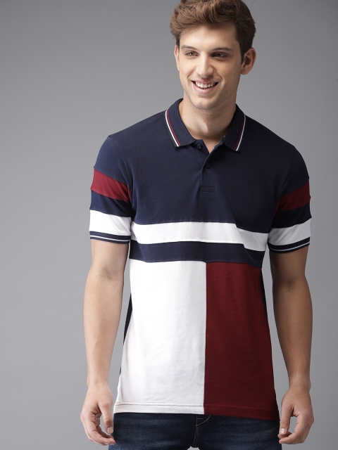 

HERE&NOW Men Navy Blue & White Colourblocked Polo Collar T-shirt