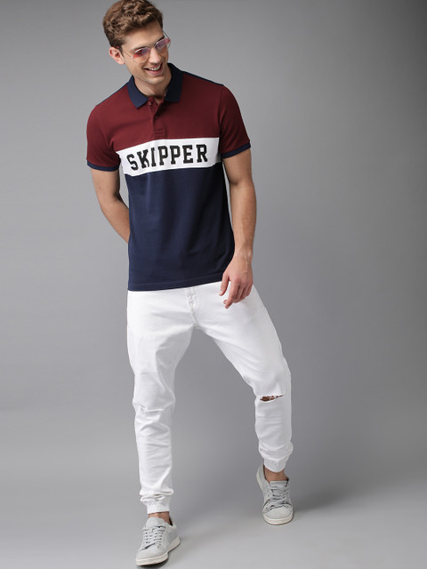 

HERENOW Men Navy Blue Maroon Colourblocked Polo Collar Pure Cotton T-shirt