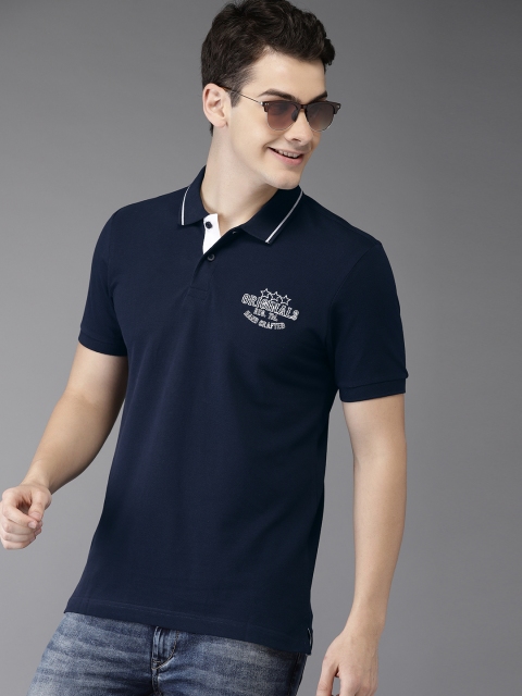 

HERENOW Men Navy Solid Polo Collar Pure Cotton T-shirt, Navy blue