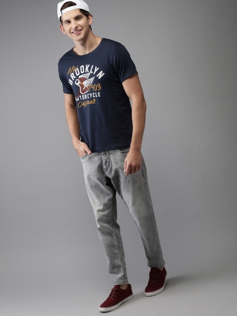 

HERE&NOW Men Navy Blue Printed Round Neck T-shirt
