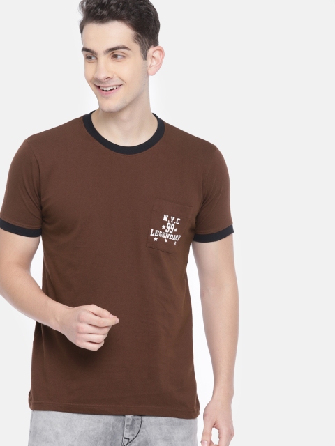 

HERE&NOW Men Coffee Brown Solid Round Neck T-shirt