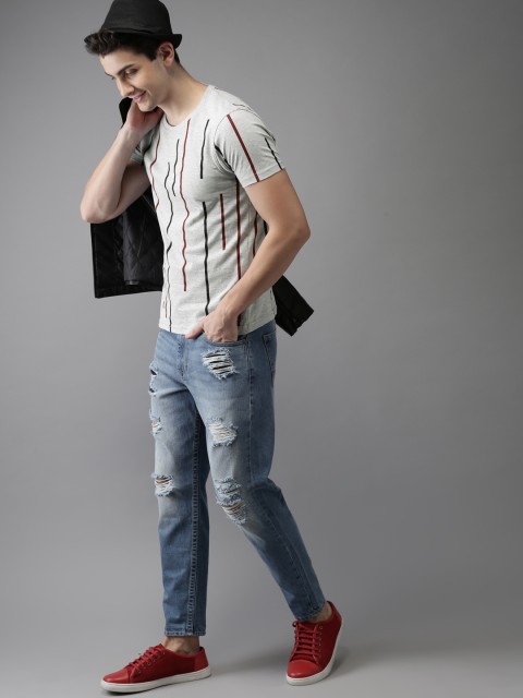 

HERE&NOW Men Grey Melange Striped Round Neck T-shirt