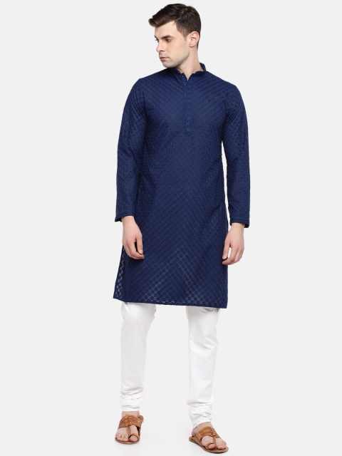 

Ethnicity Men Navy Blue & White Self Design Kurta with Churidar