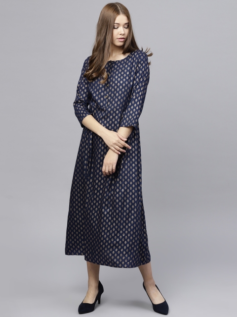 

Jaipur Kurti Women Navy Blue & Golden Printed Midi A-Line Dress