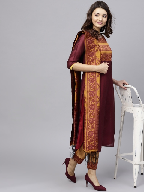 

Jaipur Kurti Women Maroon & Mustard Brown Yoke Design Kurta with Trousers & Dupatta
