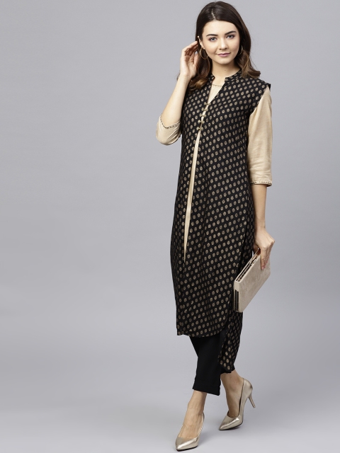 Jaipur Kurti Black & Golden Ethnic Print Longline Shrug