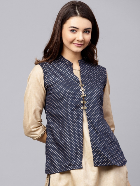 

Jaipur Kurti Navy Blue & Golden Printed Shrug