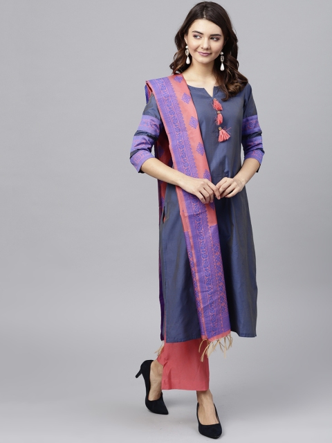 

Jaipur Kurti Women Navy Blue & Coral Pink Solid Kurta with Palazzos & Dupatta
